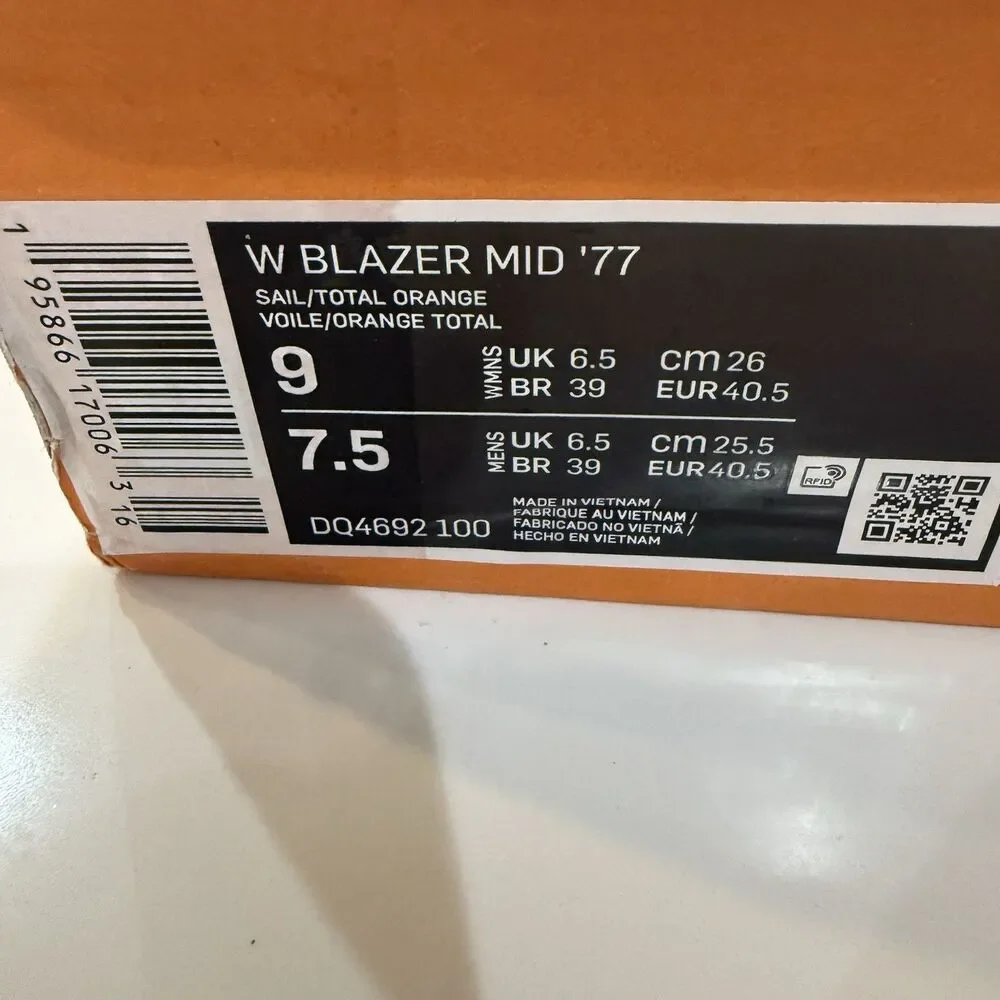 Nike Blazer Mid '77 Sail Total Orange DQ4692-100 Women's Size 9 New With Box - Picture 9 of 9
